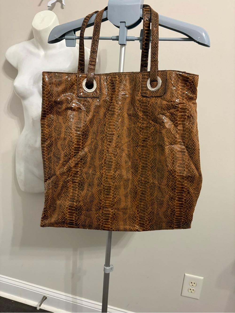 Brown Snake-Embossed Tote Bag with Shoulder Straps